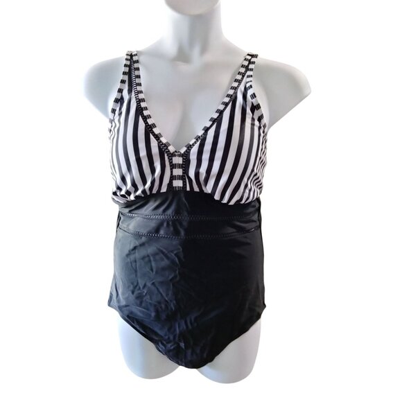 Daci Striped 16W One Piece Swimsuit Tummy Control V-Neck Design Hollow-Out Style - Picture 2 of 10